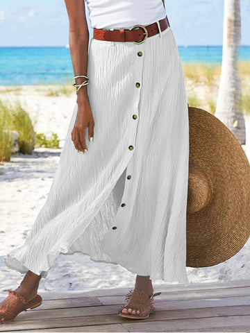 Cotton And Linen Button Slit A-Line Skirt